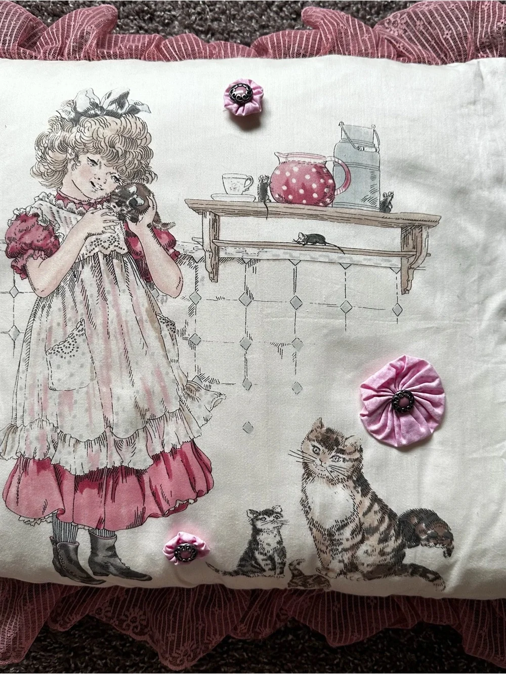Vintage Daisy Kingdom Victorian Cat Pillow Cottage Decor